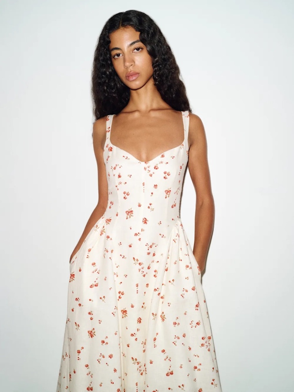 NEW Reformation Birdie Linen Sleeveless Midi Dress Lovie Cream Floral US 0 UK 4 - Picture 5 of 16